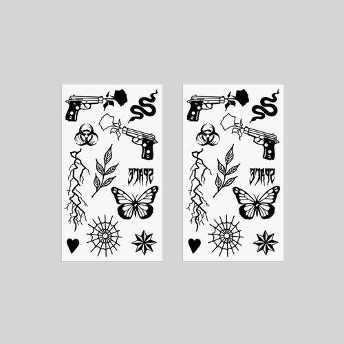 Oottati 2 Sheets Small Tiny Temporary Tattoo Stickers Old School Gun Rose Butterfly Spider Net Snake Heart