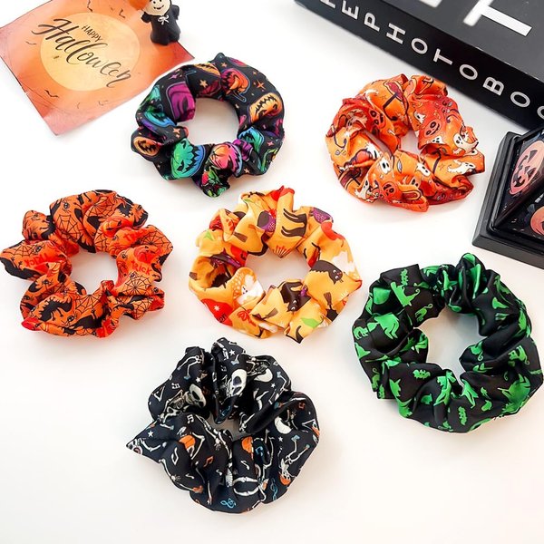 6pc Halloween Scrunchies for Women Girls Big Satin Hair Scrunchies for Halloween Cute Patterns Orange Black Green Scrunchy Ponytail Holder Hair Bands Halloween Hair Accessories