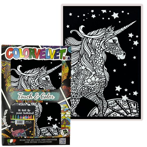 Unicorn Velvet Coloring Poster for Kids and Adults- Arts and Craft Kit Includes a 11.75” x 8.25” Picture and 12 Watercolor Markers- Ideal for Travel- Boys and Girls 3+