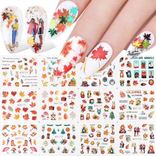 Fall Nail Stickers Maple Leaf Nail Art Water Decals Transfer Foils for Nails Supply Watermark Maple Leaves Flowers Pumpkins Design Nail Decals for Women Thanksgiving Nail Supplies Manicure Decor 12pcs