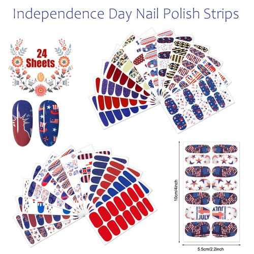 JERCLITY 336 Pieces 24 Sheets 4th of July Nail Wraps Independence Day Nail Polish Strips Patriotic American Flag Nail Strips Self-Adhesive Solid Color Nail Stickers with Nail File for Memorial Day