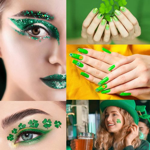St.Patrick’s Day Nail Art Glitters Sequins 3D Holographic Laser Shamrock Designs Nail Art Flakes Shiny Green Clover Nail Stickers Nail Supplies for Women Girls Acrylic DIY Manicure Decoration 6 Grids