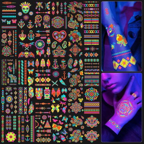 32 Sheets Glow in the Dark Temporary Tattoos, Glitter Tattoo Kit, 180+ Styles Fluorescence UV Neo...