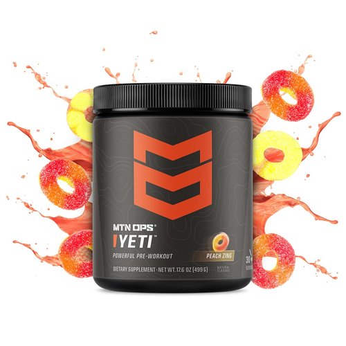 MTN OPS Yeti Pre-Workout Powder Energy Drink with Creatine, 200mg Caffeine & BCAAs with Beta Alanine, 30-Serving Tub, Peach Zing