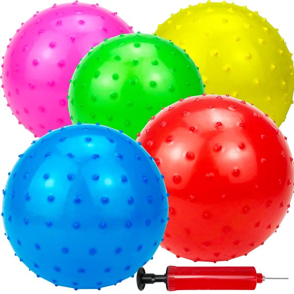 Hymaz Knobby Balls Bulk 9" Soft Bouncy Balls Sensory Toys Spiky Massage Stress Balls, Set of 5 Sensory Balls Party Favors, Stocking Stuffers for Kids Toddlers,Fun Beach Ball with Pump