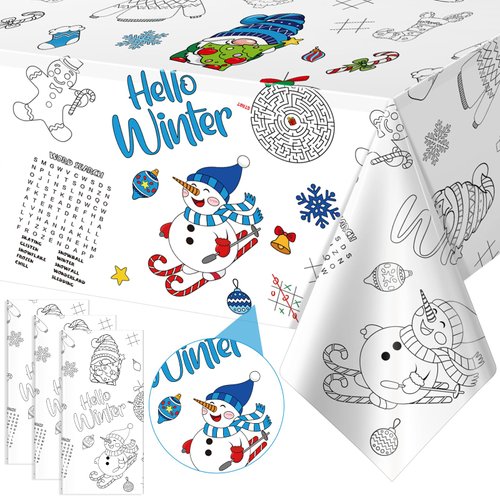 3 Pack Winter Coloring Tablecloth for Kids, Disposable Christmas Paper Tablecloth, Snowman Hello Winter Color-in Activity Table Cover for Kids Winter Christmas Holiday Party Decorations, 54 x 108 Inch