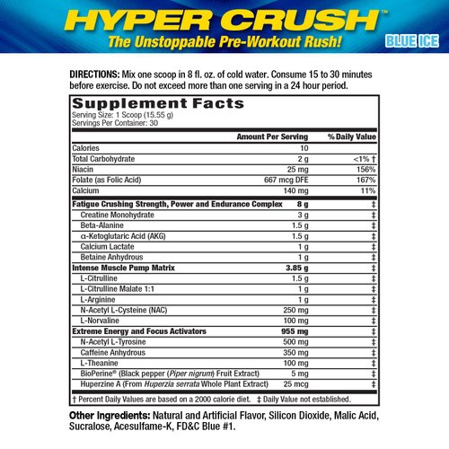 Maximum Human Performance MHP HYPER CRUSH Pre Workout energy drink creatine beta alanine nitric oxide pump citrulline AKG 30 Servings, Blue Ice, 14.88 Ounce