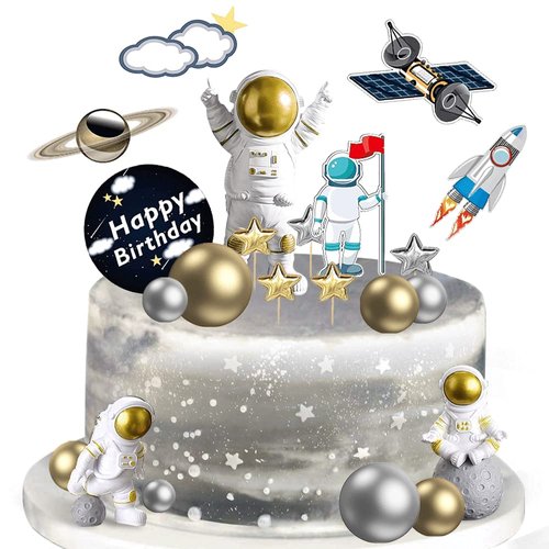 22 Pcs Space Cake Topper,Outer Space Cupcake Toppers Astronaut Figurine Decorations Birthday Space Themed Party Supplies Planet Rocket Pearl Balls and Star DIY Cake Toppers for Kids Party Baby Shower