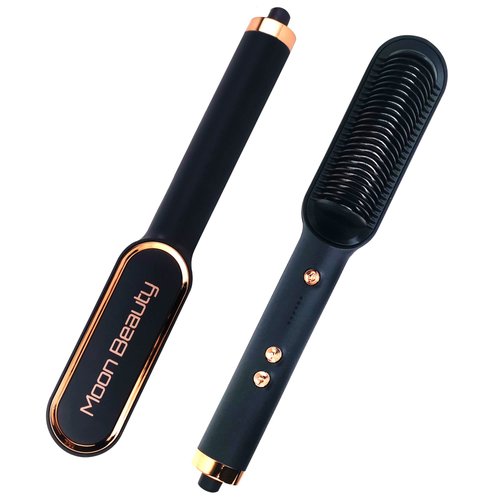 Moon Beauty Black Hair Straightener Brush- Ionic Hair Straightening Brush & Iron, Fast Heating, 5 Temperature Setting with Anti-Scald & Auto-Off Safe, Professional Hair Styling Tool for Women