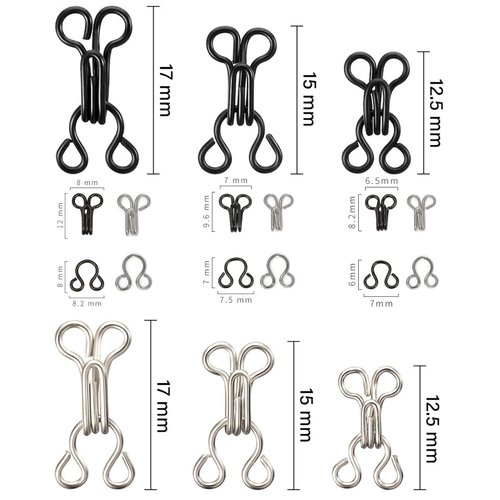 50 Set Sewing Hooks and Eyes Closure for Bra and Clothing, 3 Sizes (Silver and Black)