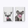 Smile Art Design Reindeer and Koala Animal Bubble Gum Art 2 Panel Canvas Print Set Pink Gum Black and White Wall Art Baby Room Boy Girl Kids Room - Nursery Decor Ready to Hang Made in USA- 17x11