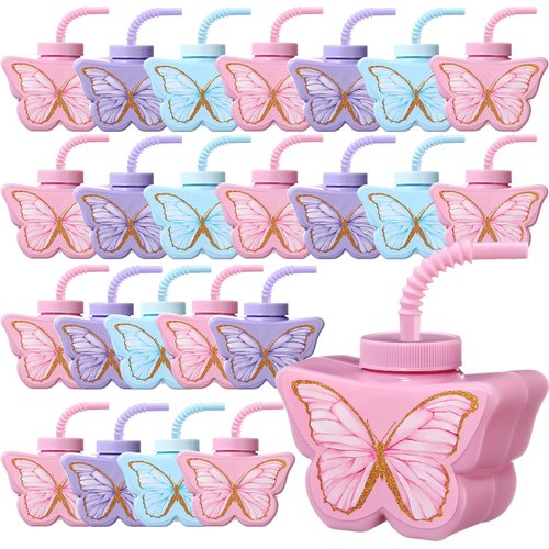 Mifoci Butterfly Birthday Party Favor Cups, 10 Oz Plastic Butterfly Themed Party Drinking Cups Pink and Purple Party Cups Butterfly Party Supplies for Girls Tea Baby Shower Wedding Favors(24 Pcs)