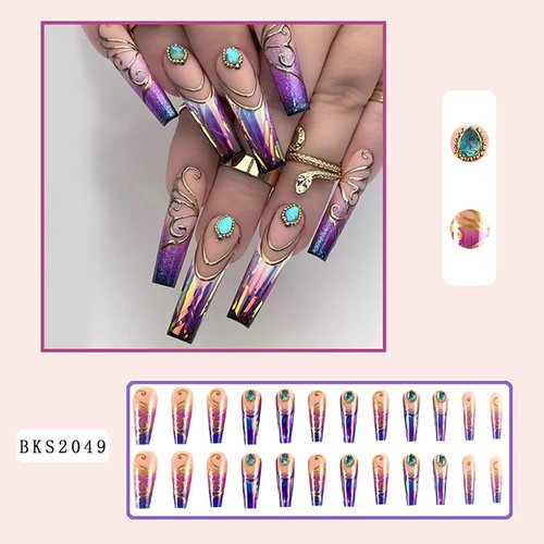 Purple Press on Nails Long Coffin Glossy Artificial Fake Nails with Gem Designs Ballerina Long Square Acrylic False Nails Glue on Nails Full Cover Stick on Nails Fingernails with Charms for Women