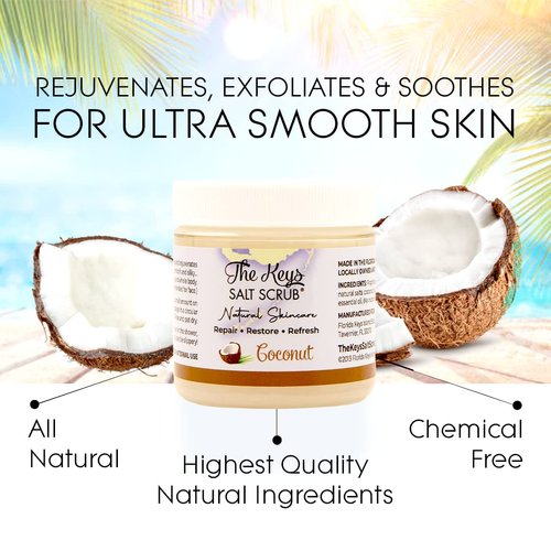 The Keys Salt Scrub - Coconut Sea Salt Scrub - Exfoliating Body Scrub Skincare with Wooden Spoon for Men & Women-Natural Moisturizing Exfoliator for Face, Hands, Foot, Bath, & Bikini Area (3.4oz)