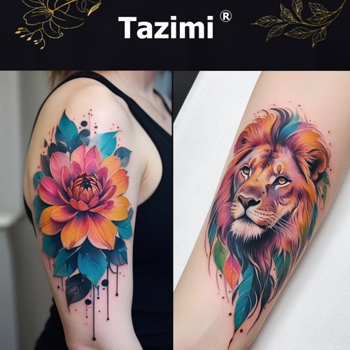 Tazimi Realistic Watercolor Flower Temporary Tattoos Half Arm Lion Flower Fake Tattoos for Women Girls Adults Waterproof Long Lasting Colourful Sexy Tattoos Stickers
