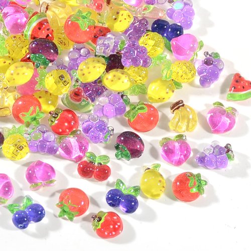 WEILUSI 100PCS Resin Strawberry Nail Charms 3D Fruit Nail Charms Assorted Cherry Lemon Grapes Pea...