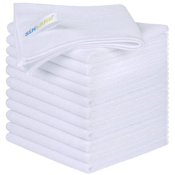 SINLAND Microfiber Cleaning Cloth Dish Cloth Kitchen No Streak Absorbent Dish Rags Lens Cloths 12Inchx12Inch 12 Pack White