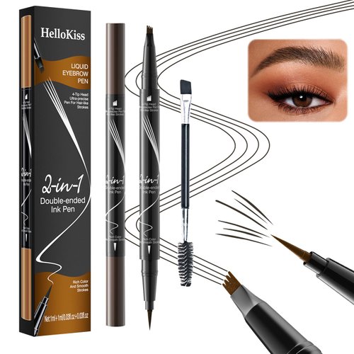 Hellokiss Liquid Eyebrow Pen, 2 in 1 Dual-ended Natural 4 Fork Tip Liquid Eyebrow Pencil with Eyebrow Brush, New Upgraded Waterproof Microblading Eyebrow Pencil, Natural Long-Lasting (02#Dark Brown)