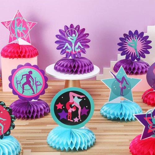 9 Pieces Gymnastics Party Decoration Gymnastics Party Centerpiece Gymnastics Birthday Honeycomb Centerpiece Table Topper for Birthday Baby Shower Gender Reveal Party Supplies