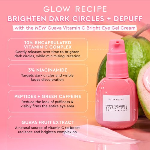 Glow Recipe Guava Vitamin C Bright-Eye Gel Cream - 3% Niacinamide Blend + Peptides & Green Caffeine to Brighten and Firm Under Eye Bags - Hydrating Gentle Eye Cream for Dark Circles & Puffiness (15ml)