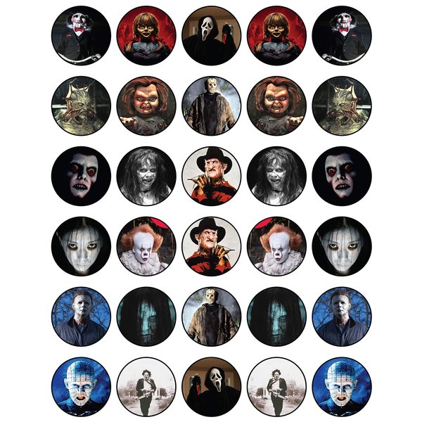 30 x Edible Cupcake Toppers Themed of Scary Horror Films Collection of Edible Cake Decorations | Uncut Edible on Wafer Sheet