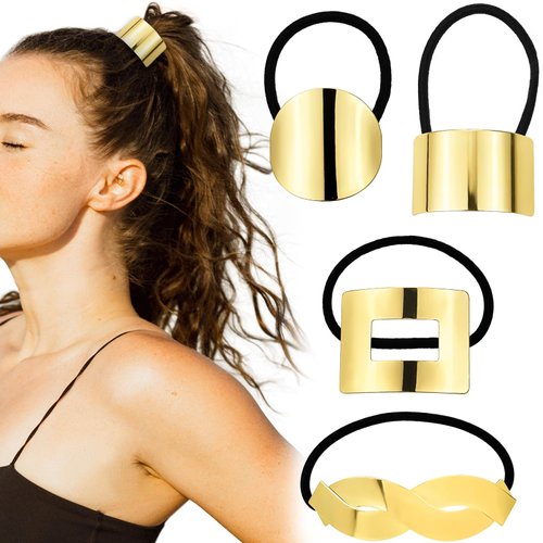 4 Pcs Gold Ponytail Holder Hair Ties Metal Geometric Hair Cuff Circle Hair Bands Hair Rings Gothic Punk Hair Elastic Rope Cuff Wrap Decorative Accessories for Women