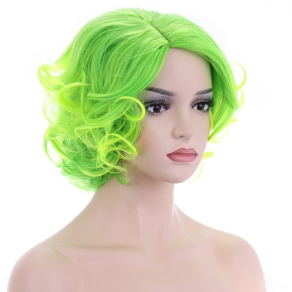 BERON Green Wig Short Curly Wig Lime Green Wig Natural Wavy Lime Wig for Women Cosplay Costume Party Come with Wig Cap (Lime Green)
