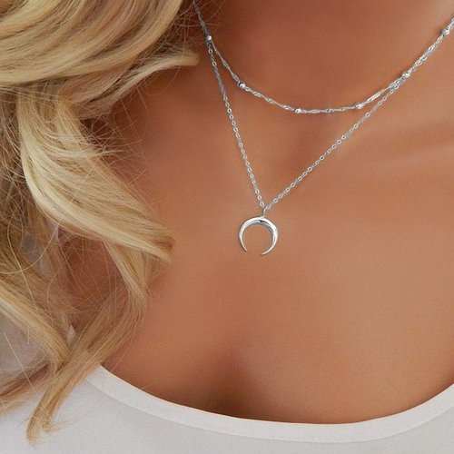 TseanYi Boho Layered Necklace Silver Crescent Moon Pendant Double Horn Necklaces Bead Choker Clavicle Chain Jewelry for Women(Silver)