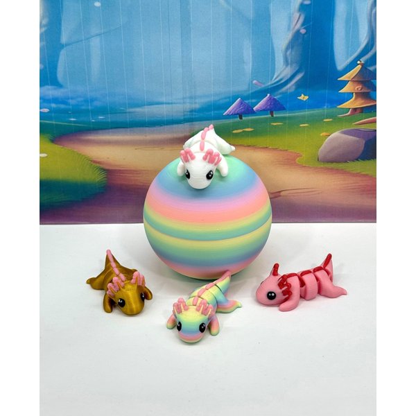4pcs 3D Printed Articulated Mini Axolotl with Egg, Fidget Miniature Axolotl Ornament Tiny Animal Figures, Birthday Party Decorations MA001-RE