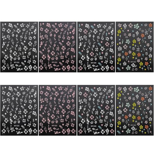 Dornail 8 Sheets 3D Colorful Flower Nail Stickers,Hollow White Hibiscus Flowers Nail Art Stickers Blooming Pink Hibiscus Floral Leaf Nail Decals for Women DIY Nail Art Supplies Nail Designs Nail Decor