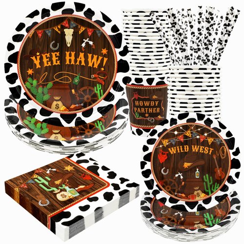 Western Birthday Party Supplies Decorations, Cowboy Wild West Theme Birthday Paper Plates and Napkins Set with Cups and Straws for 24 Guests, 120 Pcs Disposable Party Dessert Dinnerwares
