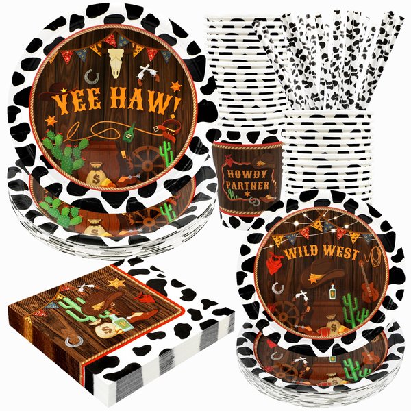 Western Birthday Party Supplies Decorations, Cowboy Wild West Theme Birthday Paper Plates and Napkins Set with Cups and Straws for 24 Guests, 120 Pcs Disposable Party Dessert Dinnerwares
