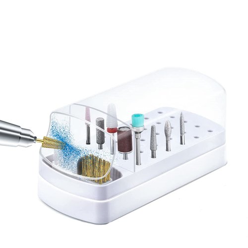 AREMOD 2 in 1 Nail Drill Bits Holder, Electric Nail Drill Bits Cleaning Brush with Steel Wire & Nylon Brushes 30 Holes Nail Drill Stand Display Organizer Dustproof Case for Nail Manicure Tools(White)