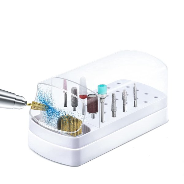AREMOD 2 in 1 Nail Drill Bits Holder, Electric Nail Drill Bits Cleaning Brush with Steel Wire & Nylon Brushes 30 Holes Nail Drill Stand Display Organizer Dustproof Case for Nail Manicure Tools(White)
