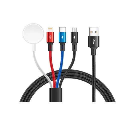 Upgraded 4-in-1 Multi Charging Cable, 3.5A, 4ft Braided with Lightning/USB-C/Micro, Supports Magnetic Wireless iWatch Charging for Ultra/SE/9-1, iPhone 15/14/13, Galaxy, and More.