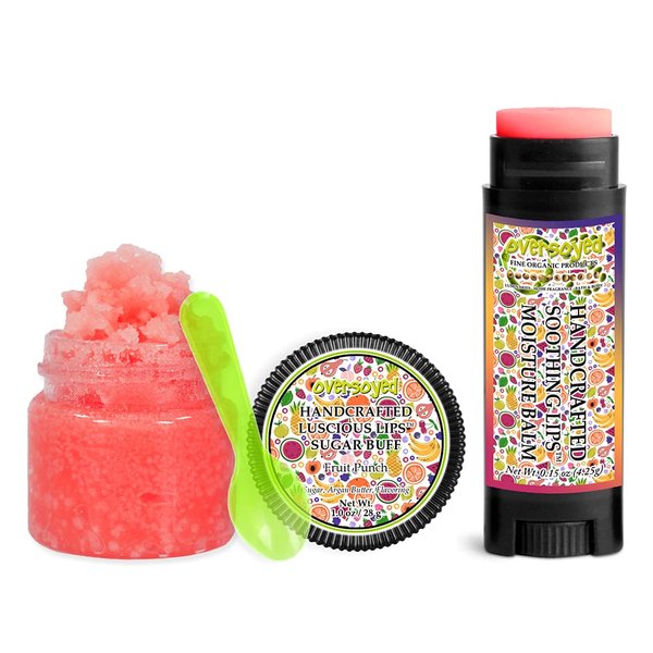 Fruit Punch Soothing & Luscious Lips by OverSoyed Exfoliator & Chapped Lip Repair Lip Care Combo | Artisan Handcrafted to Order Pineapple Papaya Mulberry Orange Cherry Tropical Flavored Exfoliating Sugar Lip Scrub & Lip Moisturizer Balm Gift Set
