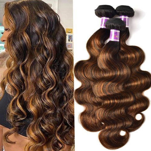 Julia Brown Highlight Ombre Body Wave Human Hair Weave 3 Bundles 12 10 8 inch,10A Brazilian 100% Remy Honey Blonde Human Hair Weft Extensions Piano Color