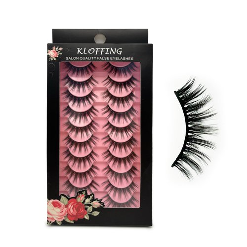 Kloffing Eyelashes Natural Look Faux Mink Lashes Pack Handmade Fluffy False Eyelashes 3D Volume Eyelash 10 Pairs Eye Lashes (11-16MM Wispy Cat Eye 77)