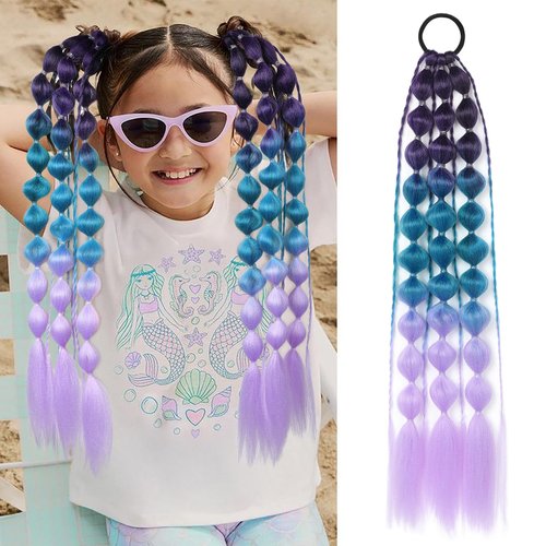 Colored Hair Extensions, Behufun 20" Lightweight Colored Hair Extensions for Kids Bubble Ponytail Extension with Hair Tie, Ombre Crazy Hair Day Accessories for Girls for EDC Festival Rave C26