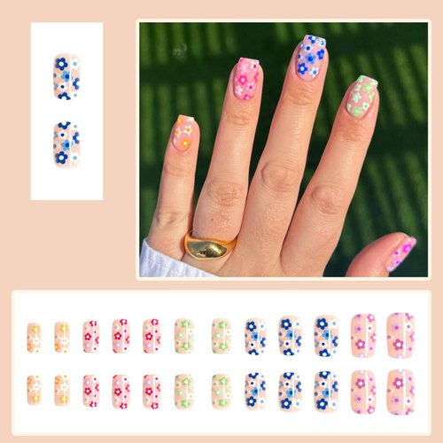 24 Pcs Spring Summer Press on Nails Short Medium Square Fake Nails with Glue Cute False Nails with Flower Designs Glossy Acrylic Glue on Nails Tip Full Cover Stick on Nails for Women Nail Decorations