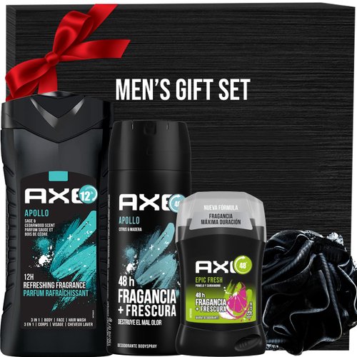 Christmas Holiday Gift Set for Men, Includes Men Apollo Body Wash, Men Apollo Deodorant, Ice Chill Deodorant Stick and Men's Shower Loofah in Gift Box, for Him Dad Fathers Man Boyfriend