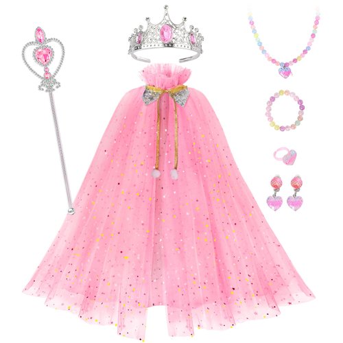 Popsunny Princess Dress up for Girls 3 4 5 6 7 8, Kids Pink Cape with Jewelry, Wand, Princess Dressup for Toddler Birthday Party Gift