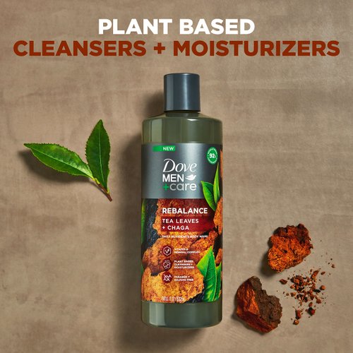 DOVE MEN + CARE Rebalance Body Wash Tea Leaves and Chaga 4 Count With Vitamin and Mineral Complex Moisturizing Body Wash with Plant Based Ingredients 18 oz