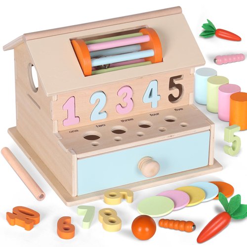 MENGBEI 8-in-1 Montessori Toy Wooden Play Kit-Object Permanence Box, Coin Box, Toddler Ball Coin Drop Toy House, Shape Sorter-Toddlers Wooden Toy for Kids Age 3+, Girl boy Gift for Baby Age 3+