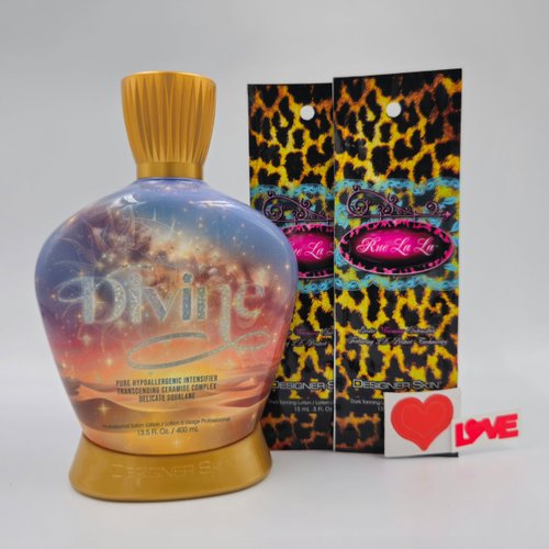 Designer Skin Divine Pure Hypoallergenic Intensifier Tanning Lotion 13.5 fl oz with 2 Packets of Rue La La and Body Stickers