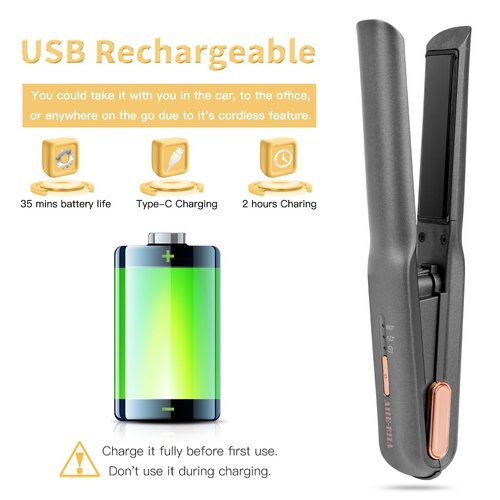 Cordless Hair Straightener, Portable Flat Iron for Hair, Fast Heating Flat Iron, Adjustable Temperature, Type-C Rechargeable, Mini for Travel(Grey)