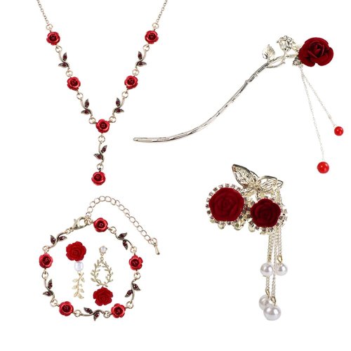 Vctitil Woman Gift Set - Red Rose Pearl Tassel Hair Claw, Flocking Rose Flower Leaves Pearl Hair Stick, Rose Flower Bracelet Choker, Rose Earrings(Red)