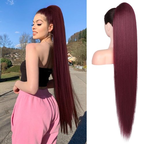 SEIKEA 36" Long Straight Drawstring Ponytail Extension, Multi Layered Light Soft Tangle-Resistant Silk Touch Clip in Hair Extensions Ponytail Natural Synthetic Hairpiece Burgundy