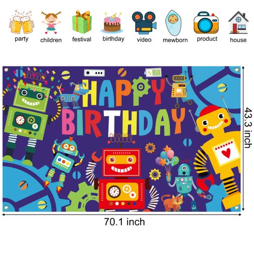 Robot Birthday Party Backdrop Happy Birthday Photography Backdrop 5.9x3.6ft Robot Photography Background for Gear Robot Birthday Party Decoration Gear Up Robot Party Supplies