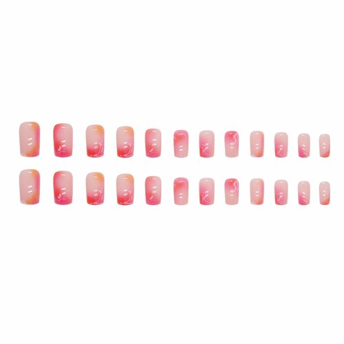 MERVF Square Press on Nails Medium Fake Nails Orange Pink Squoval Nails Press ons with Ombre Design Acrylic Nails Artificial Gradient 24pcs Glossy Summer False Nails